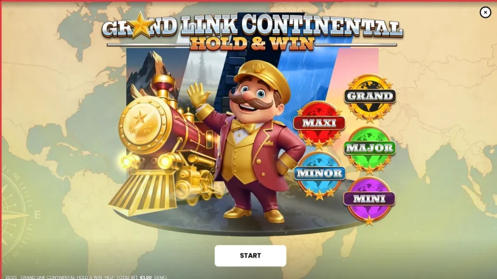 Grand Link Continental: Hold & Win slot machine interface featuring vintage train theme
