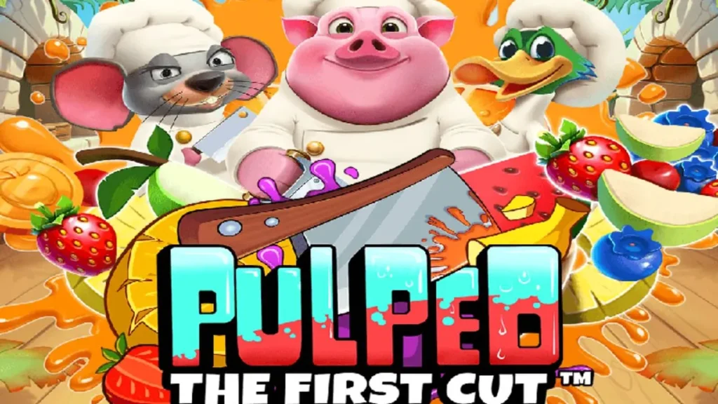 Tampilan visual slot Pulped: The First Cut dengan karakter koki hewan dan buah-buahan tropis.