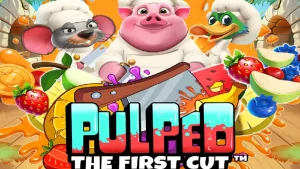 Tampilan visual slot Pulped: The First Cut dengan karakter koki hewan dan buah-buahan tropis.