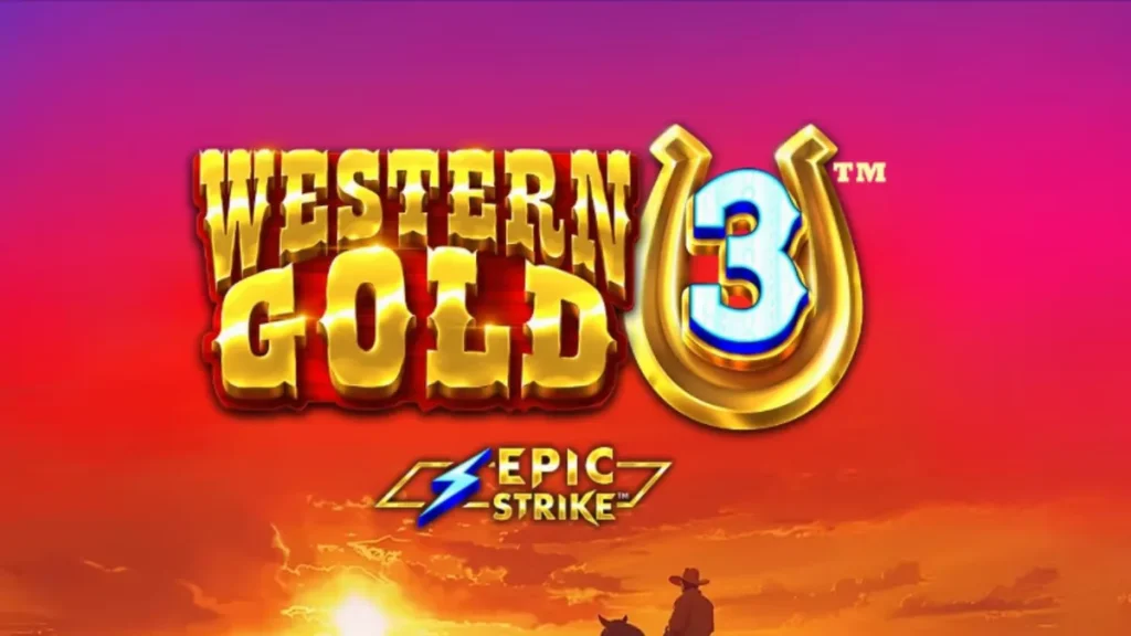 Tampilan visual mesin slot Western Gold 3 dengan latar belakang gurun dan simbol koboi.
