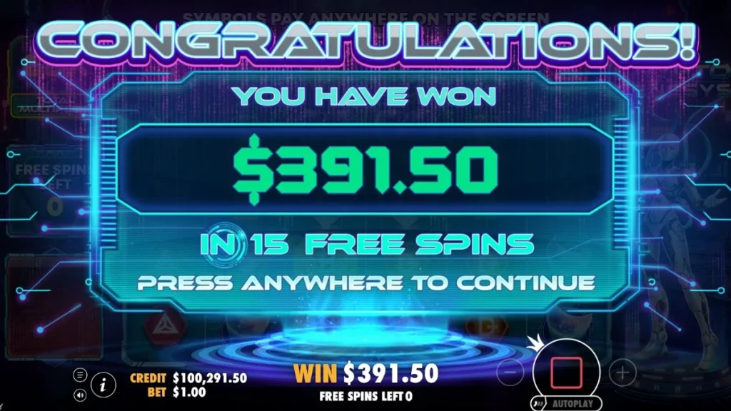Tampilan visual futuristik dan neon dari slot Crypto Genesys